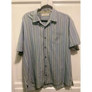 Tommy Bahama Shirt Size Medium Blue Striped Silk Cabana Button Down Beach Shirt